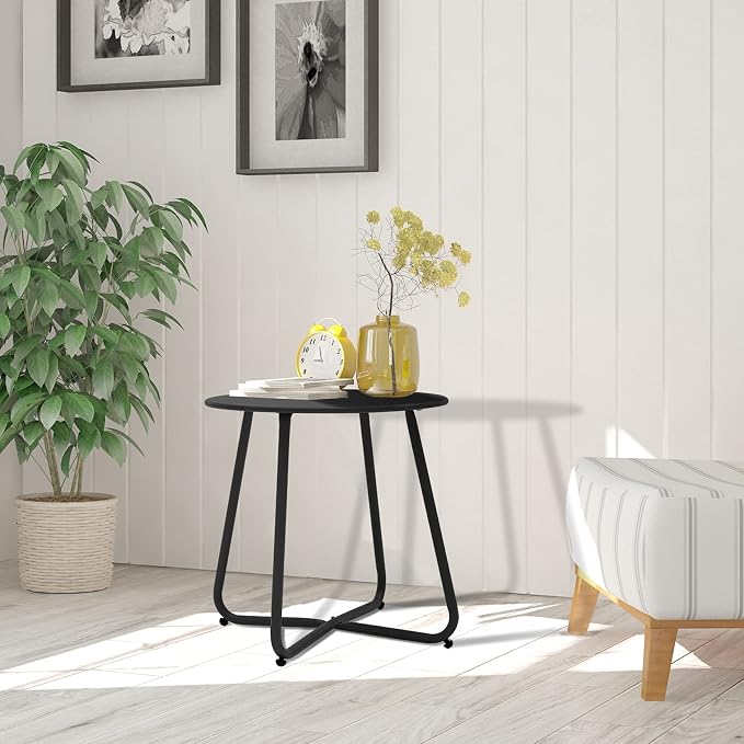 Meluvici Patio Small Side Table Waterproof Round Metal Steel Weather Resistant Portable Outdoor and Indoor End Table for Garden Balcony Yard, Black