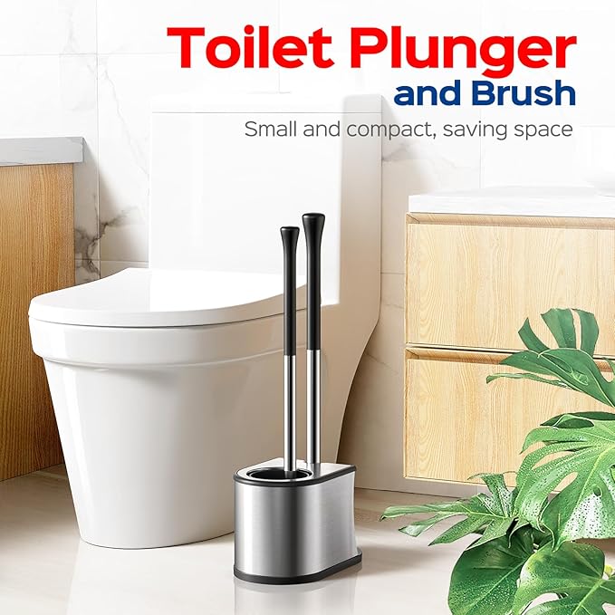 HAMITOR Toilet Plunger and Brush Set: 2 in 1 Stainless Steel Bowl Brush with Holder, Deep-Cleaning Curved Bristles and Heavy Duty Unclogger, Compact Design for Household & Hotel, Silver, 2-Pack