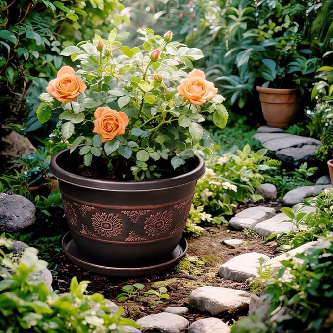 4 Pack 16 inch Plant Pots, Retro Pattern Planters with Drainage Holes and Saucer, Sturdy Plastic Garden Flower Pots for Indoor & Outdoor Plants