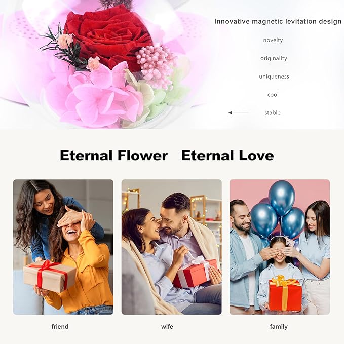 LoveLin Heart Preserved Rose Flowers with Bluetooth Speakers, 5W Pink Magnetic Levitation Table Lamp with Variable Color LED Light, Unique Forever Flower Gift for Women, Girls, Mother and Grandma
