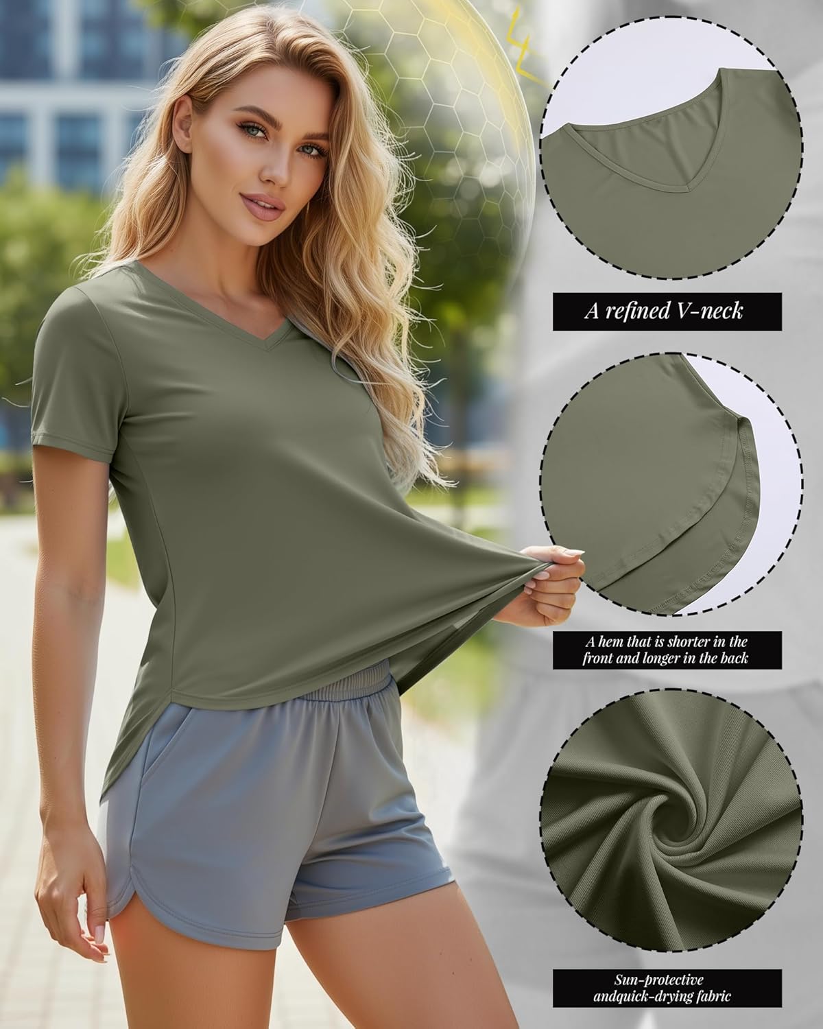 Oakgarden Women's Workout Tops - Quick Dry UPF 50+ V Neck Gym Shirts | Lightweight with Side Slits