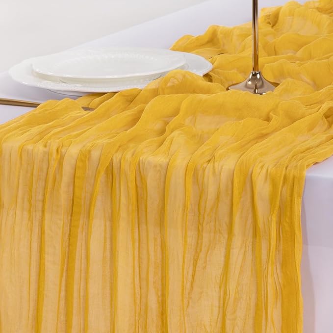 Socomi 3pcs Gold Yellow Fall Thanksgiving Cheesecloth Table Runner Boho Rustic Gauze 120 inch 10FT Cheese Cloth Runner for Wedding Party Baby Shower Birthday Home Decor Holiday Decorations