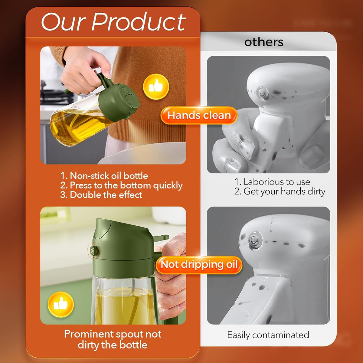 YARRAMATE 16oz/470ml Glass Olive Oil Sprayer for Cooking with Stickers, 2 in 1 Oil Dispenser for Kitchen Gadgets, Food Grade Premium Spray Bottle with Portion Control for Salad, BBQ (OliveGreen)