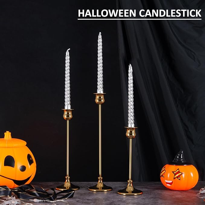 Taper Candle Holder Tall Vintage Metal Candlestick Holders Candle Stick Candelabra for Halloween Thanksgiving Christmas Holiday Wedding (Gold, 1 Set (3 pcs))
