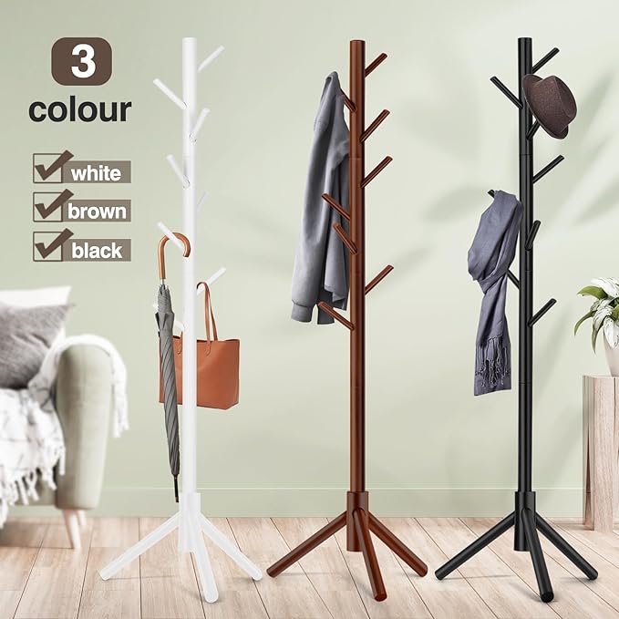 2 PCS Coat Rack, Freestanding Coat Rack with 8 Hooks and 3 Adjustable Size Tree Coat Racks for Bedroom, Hallway, Entrance, Office, for Hats, Coats, Scarves, Handbags
