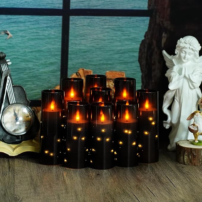 Flickering Flameless LED Candles, 9 Pcs with Embedded Star String, Acrylic LED Pillar Candles with Remote, Suitable for Home Decoration (Black)