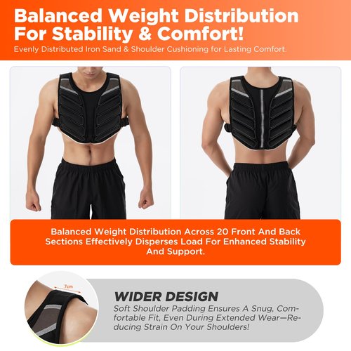 Body Factor Weighted Vest for Men and Women with Reflective Stripes 10LB/15LB/20LB/13LB-22LB Adjustable Buckle Straps Weight Vests for Strength Training, Running, Fitness, Cardio, Weight Loss