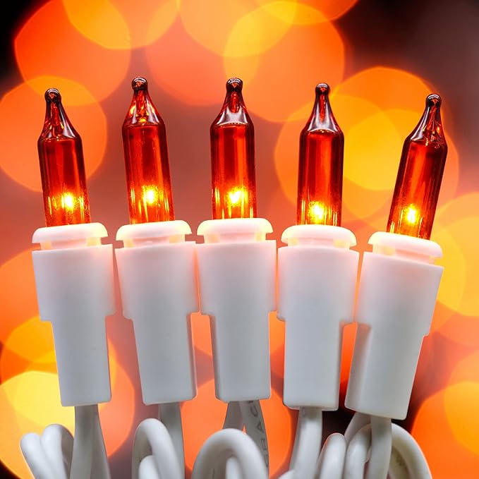 YULETIME 200 Orange Christmas Lights, Pack of 2 Strands of 21 ft 100 Count UL Certified Incandescent Mini String Light (Orange - White Wire)
