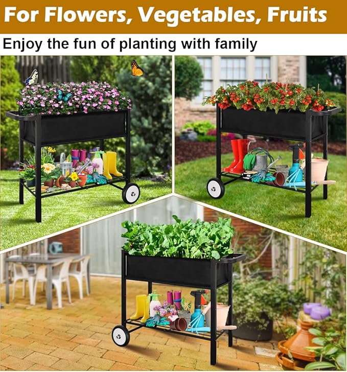 Koutemie Outdoor Raised Planter Bed Box with Legs for Gardening, Elevated DIY Garden Cart on Wheels for Vegetables Flower Tomato Herb Plant, Black