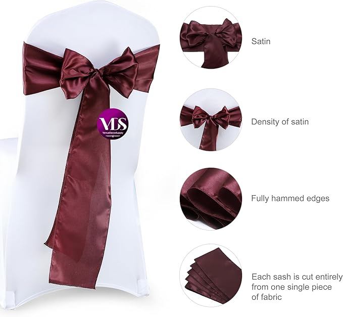 VDS Satin Chair Sashes Chair Cover Back Tie Sateen Bows Ribbon for Wedding Birthday Graduation Engagement Ceremony Event Party Banquet Venue Hotel All Dining Chair Decoration (300PC) (Burgundy)