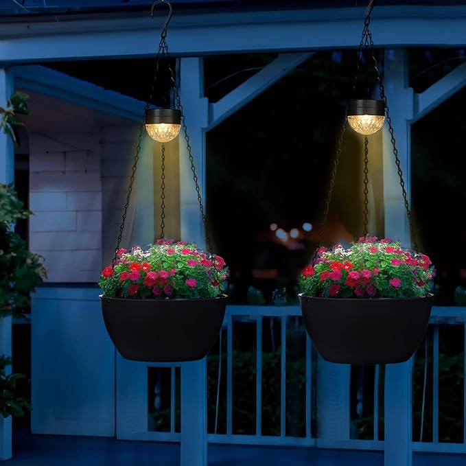 SUNNYPARK 2 Packs Hanging Planters Basket for Outdoor Plants, Solar Powered Self Watering Black Round Plastic Flower Pots with Drainer for Balcony Patio Garden Outdoor Decoration