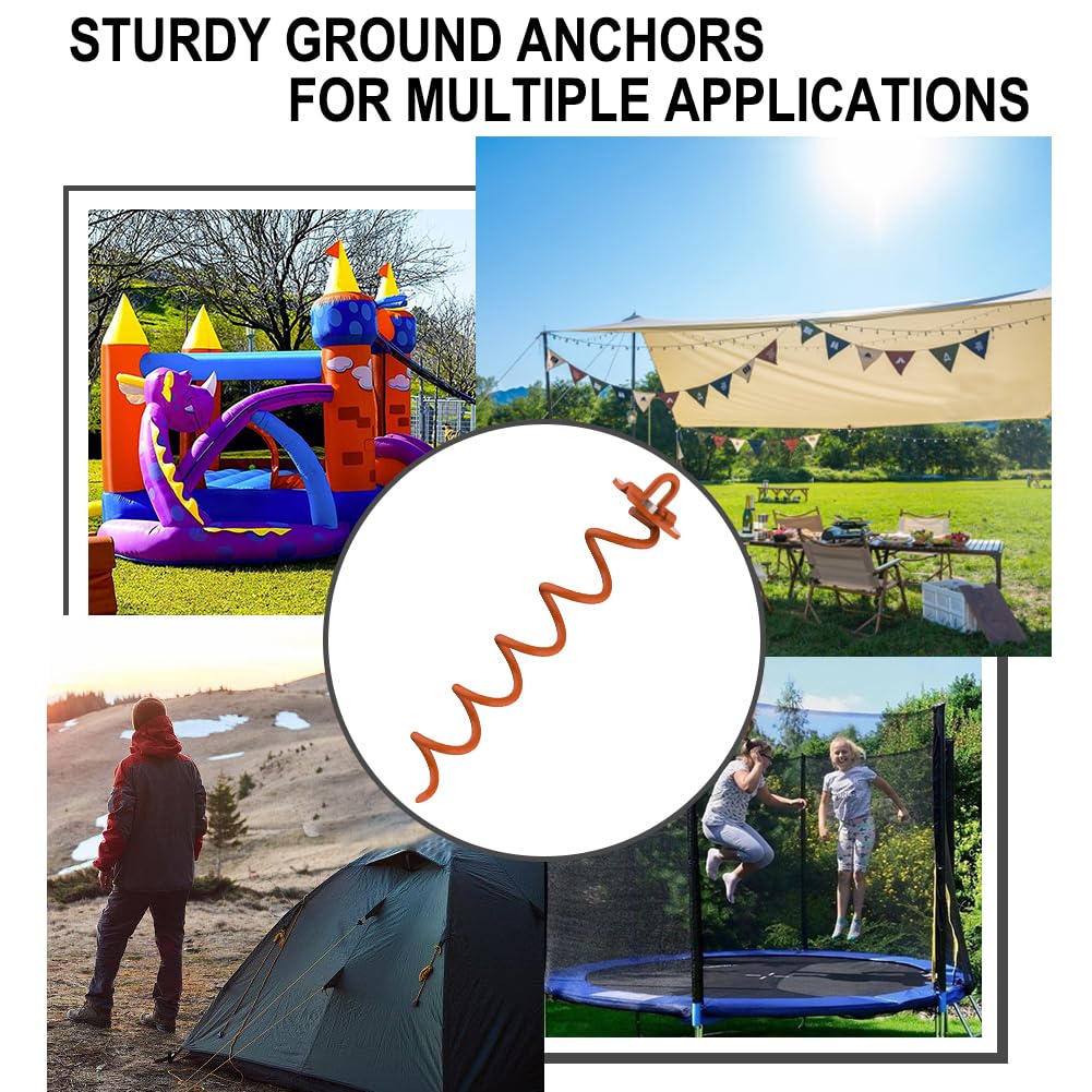 Eurmax USA 4-Pack Spiral Ground Stakes,Anti-Rust High Wind Trampoline Stakes Anchors,Heavy Duty Screw-In Anchor Kit with Tie Down Straps for Dog Tie-out,Trampoline,Tents,Tarps,Carports and more,Orange