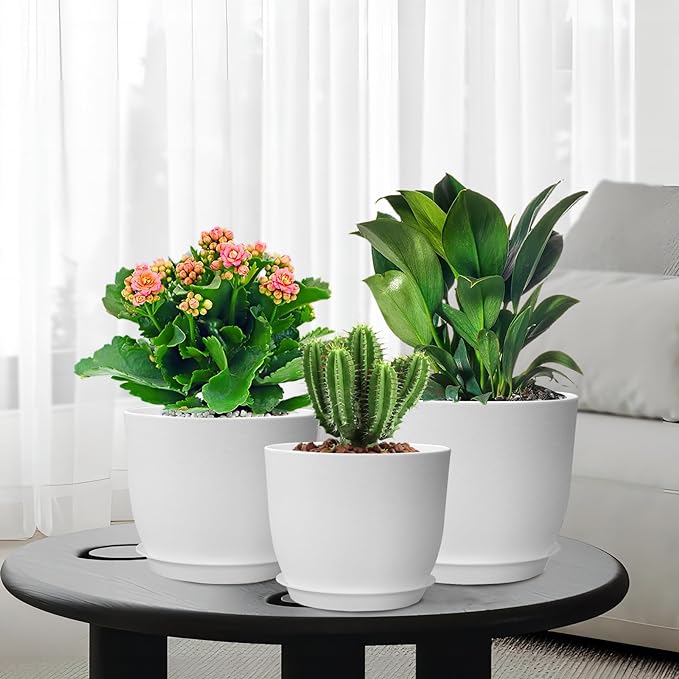 12/10/9 inch Large Plant Pots, 3 Pack Modern Decorative Plastic Planters with Drainage Holes and Saucers, Flower Pots for Indoor Outdoor Plants, White