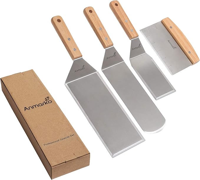 Stainless Steel Metal Spatula Set - Teppaniyaki Spatulas - Griddle Scraper Flat Spatula Pancake Flipper Hamburger Turner - Metal Utensil great for BBQ Grill Flat Top Cast Iron Griddle Accessories