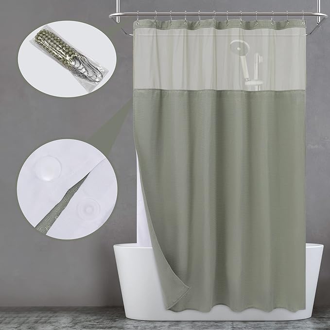 N&Y HOME Waffle Weave Shower Curtain with Snap-in Fabric Liner & Hooks Set - Hotel Style, Waterproof & Washable, Heavyweight Fabric & Mesh Top Window - 71x72, Sage Green