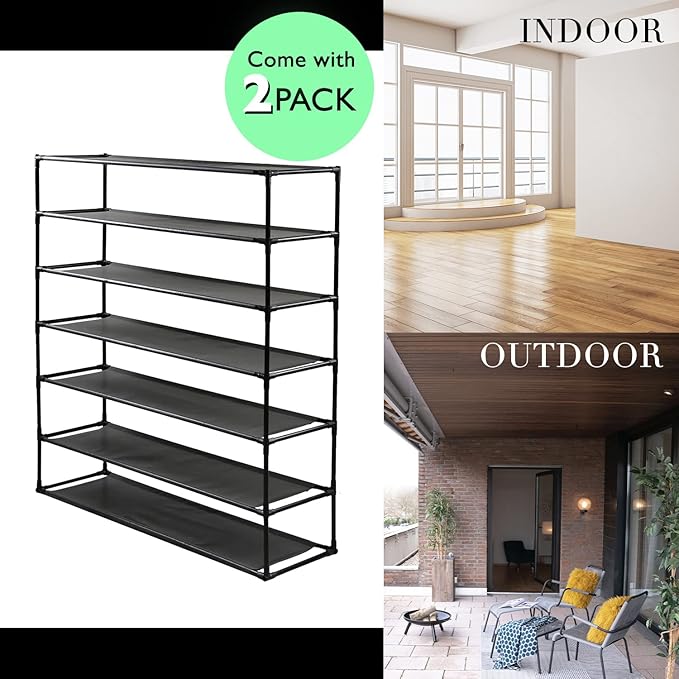 TY ARTS & CULTURE 2 Pack 7-Tiers Shoe Rack Organizer, Sturdy Metal Pipes & Durable Non-Woven Fabric, Space Saving Tall Shoe Shelf Hold 56-70 Pairs, Shoe Rack for Entryway (Black)