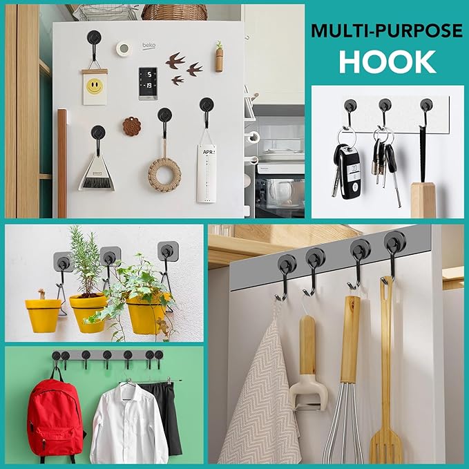 DIYMAG Black Magnetic Hooks, 40LBS Strong Magnetic Hooks Heavy Duty, Strong Magnet Hooks with Metal Hanger for Hanging Refrigerator Home Kitchen Office, 8Pack