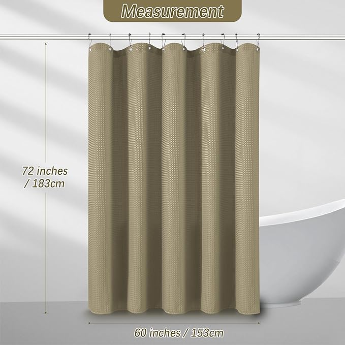 Taupe Fabric Shower Curtain for Bathroom Stall, 60 inche Waffle Weave Machine Washable Waterproof 256GSM Heavy Duty Weighted Bath Curtain Set with 10 Metal Hooks, 60Wx72H