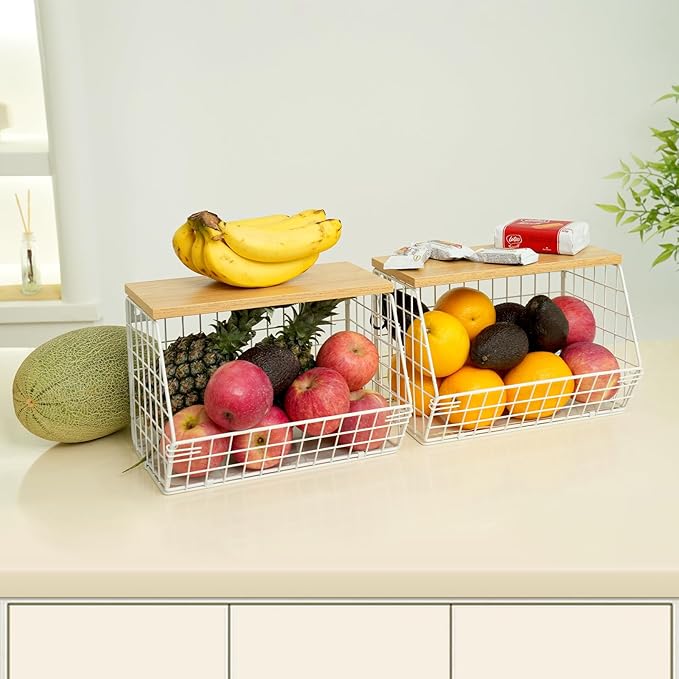 Fruit Basket, 2-Tier Fruit Bowl for Kitchen Counter, Stackable Wall Mounted Fruit Storage, Snack Organizer, Potato and Onion Storage Basket, Hanging Pantry Storage with Wood Lid, 2 Set, White