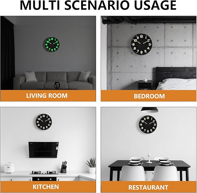 12 Inch Silent Wall Clocks Battery Operated, Glow in The Dark Wall Clock