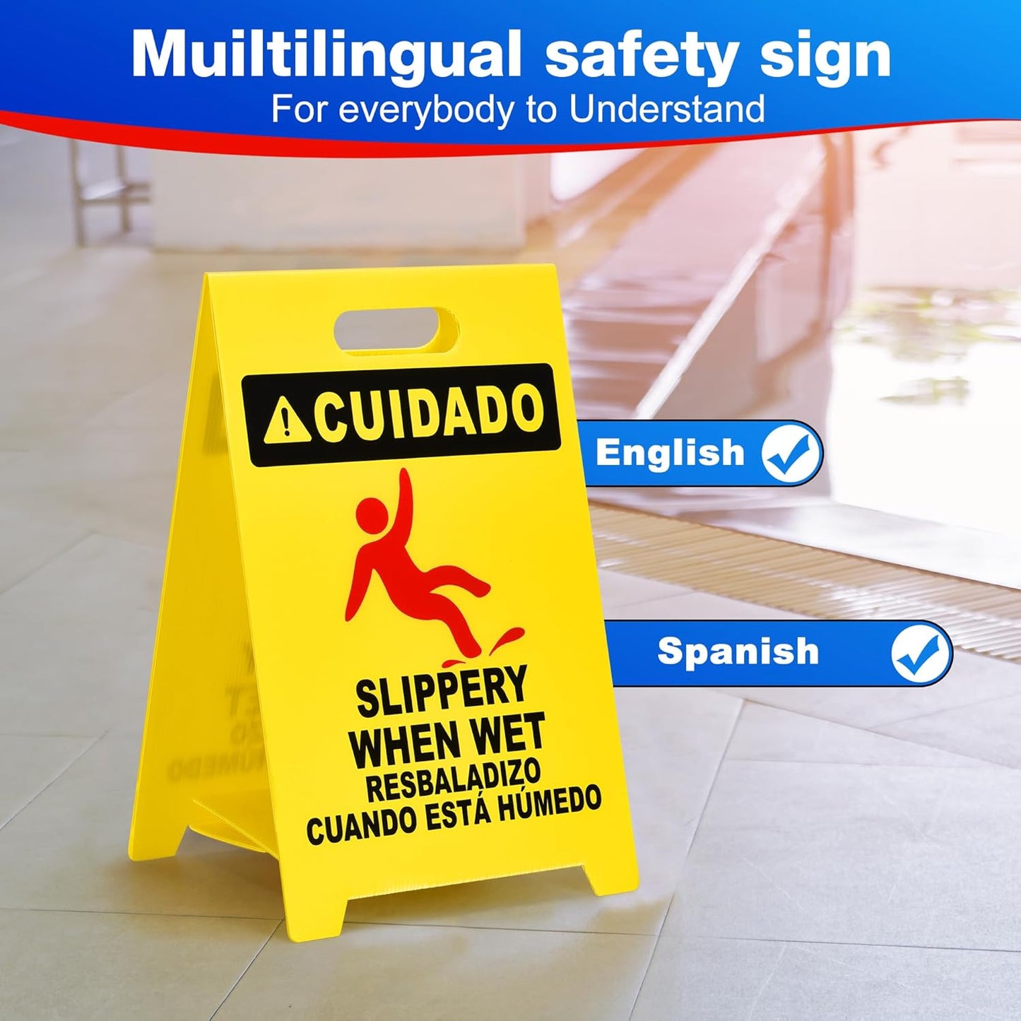 MATTHEW CLEANING 19'' Industrial Wet Floor Sign Standalone 2-Sided Durable Corrugated Plastic Birght Yellow Multilingual Warning Signs Commercial Caution Wet Fold-out Floor Signs For Indoors Only