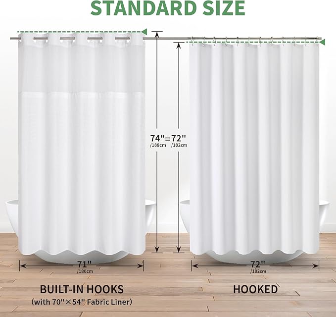 No Hook Waffle Weave Shower Curtain with Snap-in Fabric Liner Set,White Shower Curtains for Bathroom with See Through Top Window,Water Repellent & Washable,71Wx74H