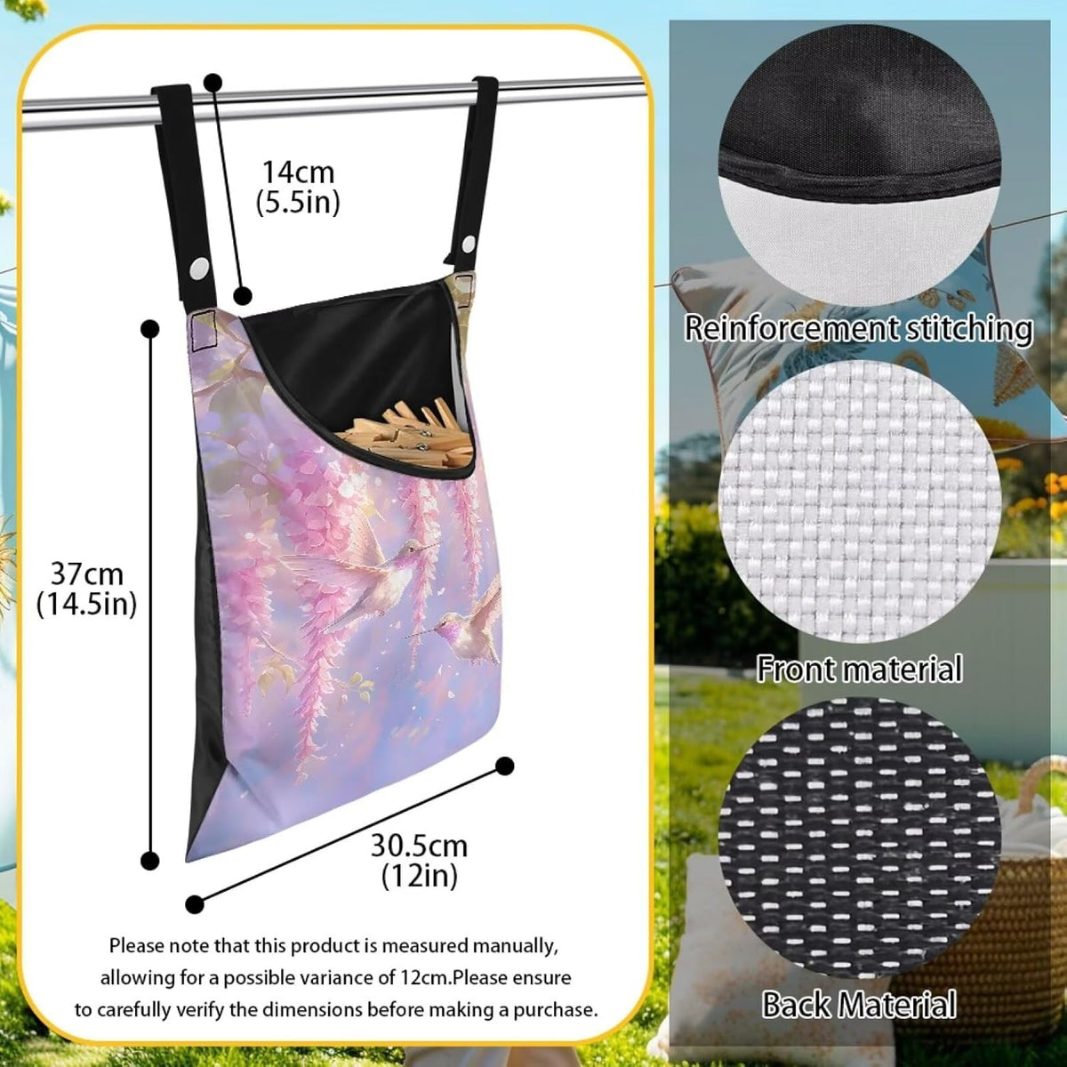 Clothespin Bag for Outdoor Laundry Clothesline and Clothes Pin Holder Clothespin Bag for Heavy Duty Outdoor Use - Hummingbird Flower