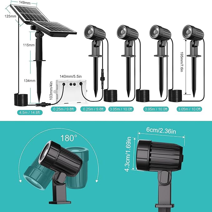 CLY Solar Landscape Spotlights, Solar Landscape Lights Outdoor IP66 Waterproof, Remote Control 2Modes 3Brightness Adjustable 2700-6500K Auto On/Off 14M Cable for Garden Pathway Trees Flag 4 in 1