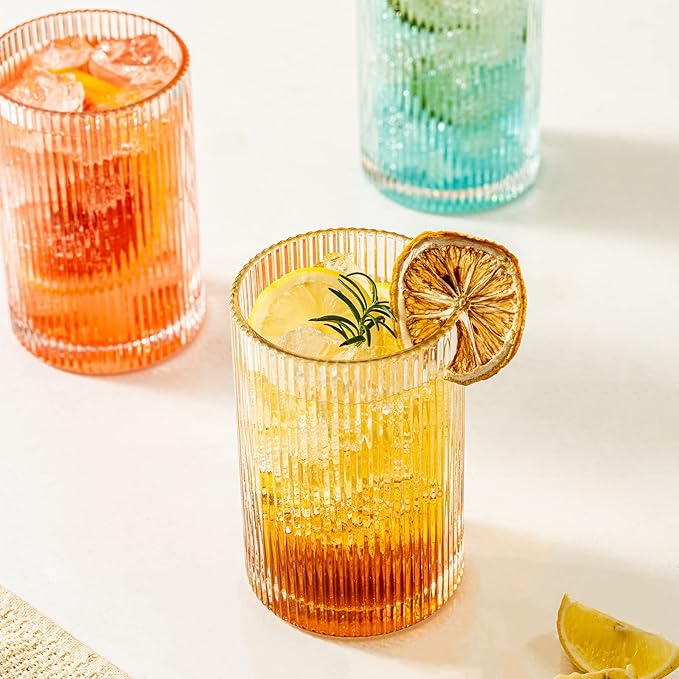 INSETLAN 17oz Ribbed Glassware Set of 4, Glass Cups Large Vintage Glassware Set, Origami Style Cocktail Glasses, Ideal for Beer, Juice, Water, Ice Coffee Cup, Whiskey