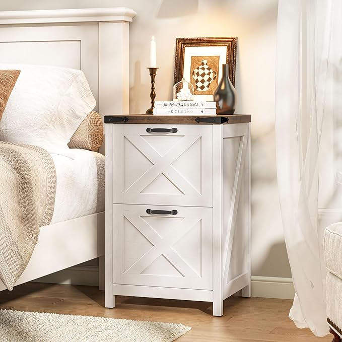 2 Drawer Small File Cabinet, Farmhouse Vertical Filing Cabinet Fits Letter and A4 Size, Under Desk Wooden File Cabinets for Home Office, Printer Stand, Rustic White