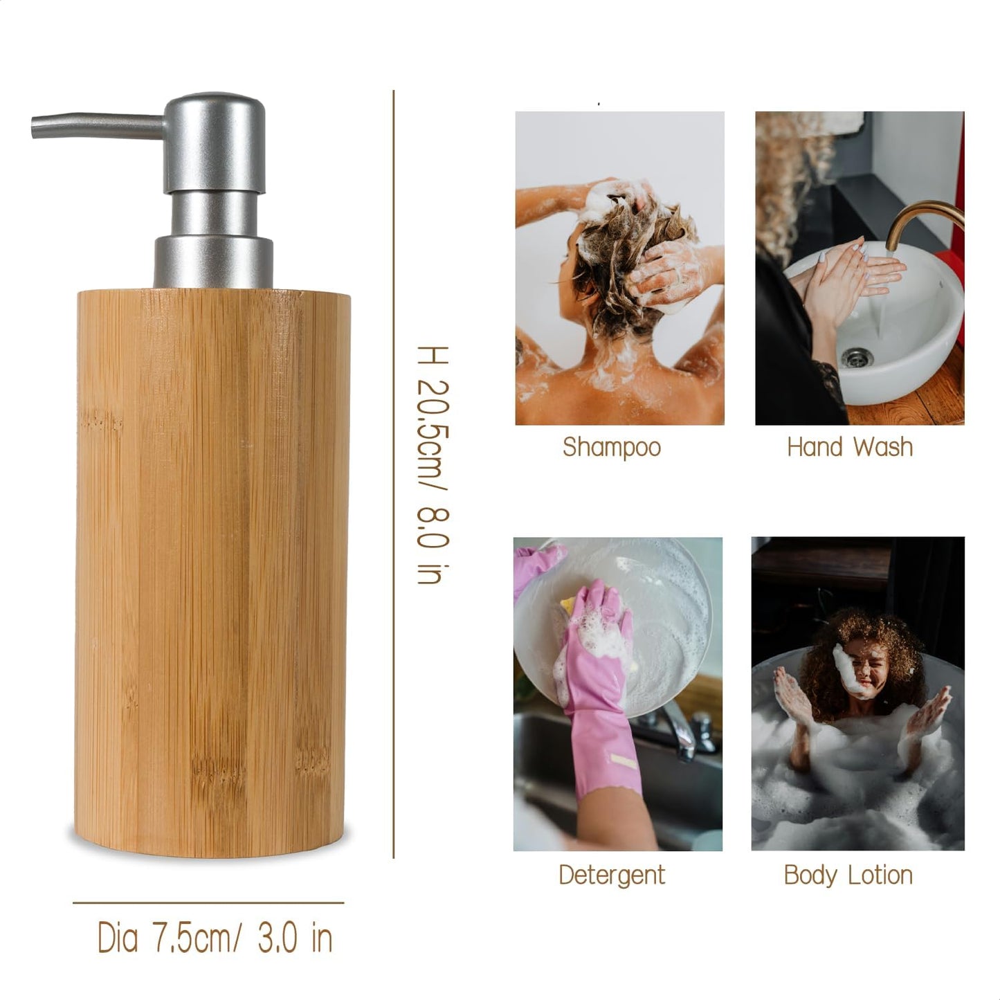 Natural Bamboo Liquid Soap Dispenser, 10 oz with Silver Plastic Pump, Refillable Hand Soap Dispenser for Bathroom or Kitchen