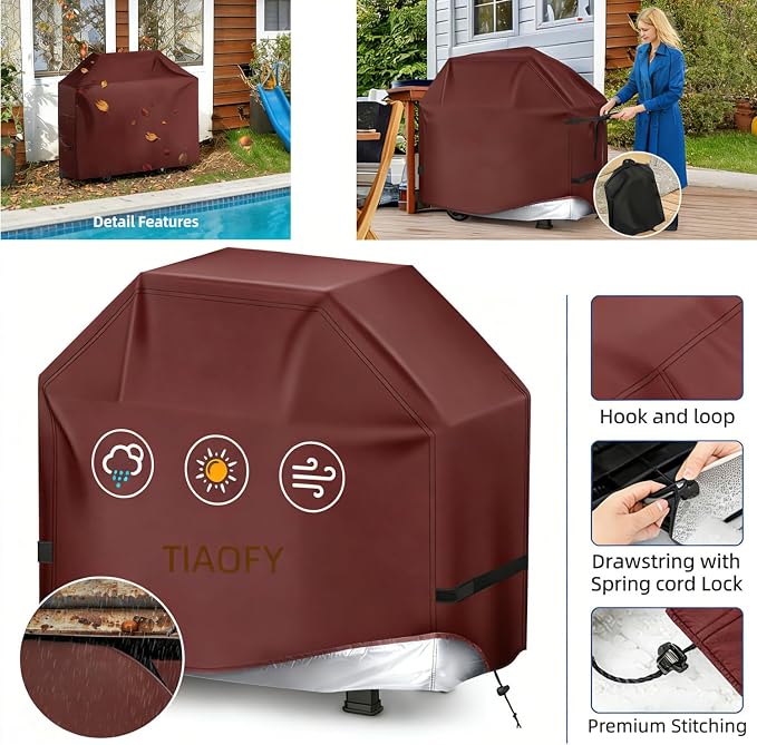 BBQ Gas Grill Cover for Outdoor, Anti-UV, Rip-Proof, 600D Oxford Fade Resistant Material, Barbecue Cover with Hook and Loop Straps & Adjustable Hem Drawstring (Reddish Brown, 60”x24”x44”)