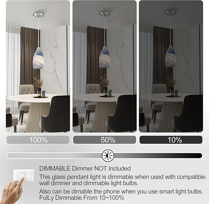 Glass Pendant Light with Handblown Dark Blue Marble Art Glass Shade Ceiling Light 3-Pack Mini Hanging Pendant Light for Kitchen Island,Dining Room,Living,Foyer,Hallway