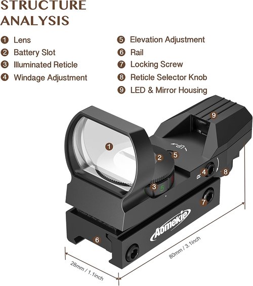 Aomekie Red Green Dot Gun Sight - Tactical Reflex Sight with 4 Reticles & 20mm Mount Rail