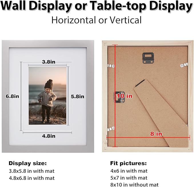 KINLINK 8x10 Picture Frame Light Grey, Solid Wood Frames with Acrylic Plexiglass for Pictures 4x6/5x7 with Mat or 8x10 without Mat,Tabletop and Wall Display Photo Frame, Set of 4