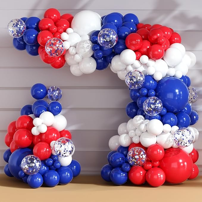 Red White and Blue Balloons Garland Arch Kit 164pcs Balloons Different Sizes 5 10 12 18inch with Confetti Balloons for Labor Day 4th of July Baseball Birthday Party Decorations