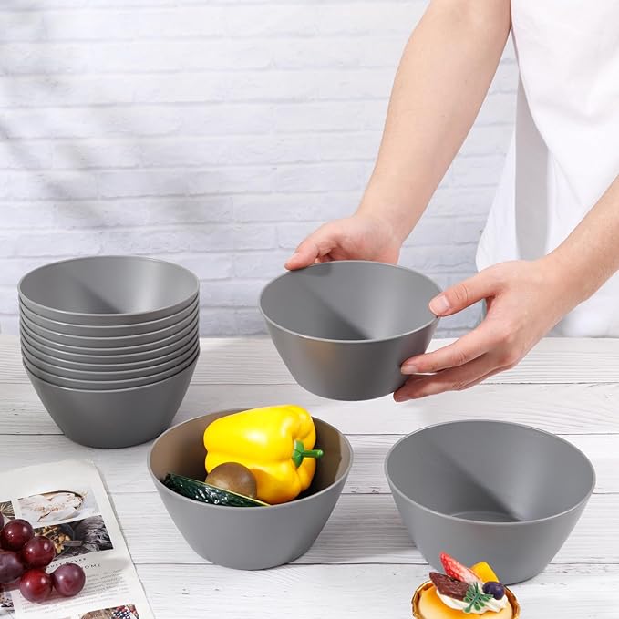 supernal 12PCS Dark Grey Wheat Straw & Hard Plastic Bowls - Reusable Soup Bowls,Unbreakable Fridge/Dishwasher Safe Bowl for Catering,Hot Food,Holiday Meals,Cereal,Ramen (Disposable Snack Bowl)