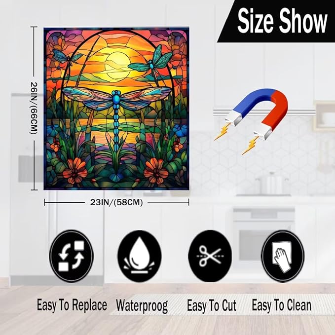 Dragonfly Dishwasher Magnet Cover for Home Appliance, Colorful Glass Art Vinyl Decal for Dish Washer Magnetic Sticker, Spring Flowers Refrigerator Panel Door Cover (23" x 26" Magnetic)