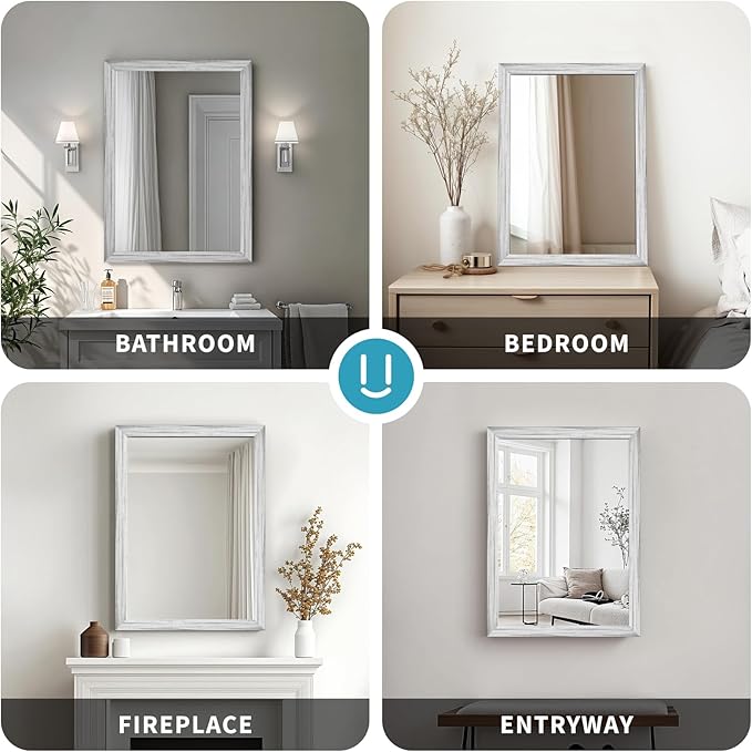 White Wood Effect Framed Wall Mirror, 24x32 Rectangle Mirror, Anti-desilvering