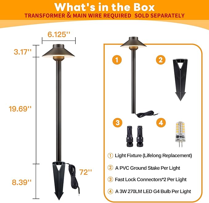 Brass Landscape Path Lights - 12V Low Voltage Pathway Light IP65 Waterproof, Outdoor Walkway Lighting Wired, Hat Bronze for Patio Lawn with 3W 4000K Neutral White G4 Bulb (10 Pack)