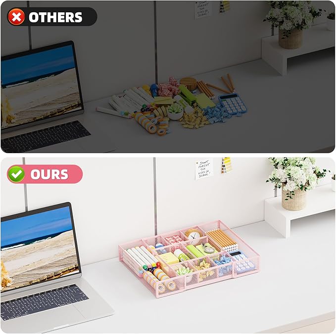 Marbrasse Expandable Desk Drawer Organizer, Mesh Tray with 10 Adjustable Compartments, Desk Organizers for Office Supplies, Makeup & Vanity (Expandable-Pink)