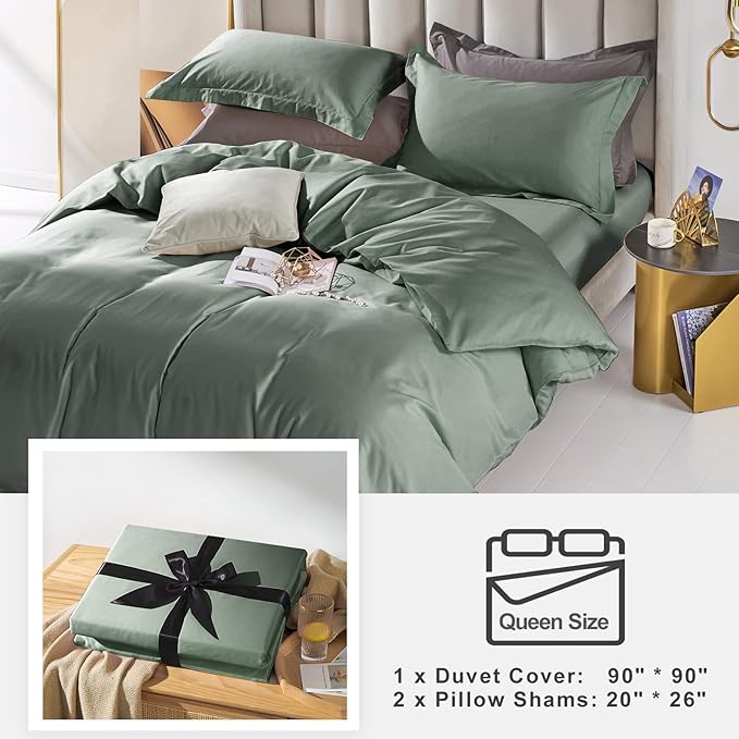 MILDLY 100% Cotton Duvet Cover Set King Size Grey Sage Satin Weave Silky Luxury Comforter Cover Sets Ultra Soft Bedding Set 3PCS (No Comforter)