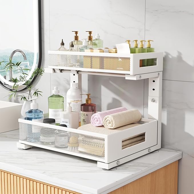 2-Pack Under Sink Storage Organizer, Large 2-Tier Elegant Mesh Pull Out Shelf for Kitchen and Bathroom Cabinet Organization, L-Shaped and Adjustable Height Design for Maximum Space Efficiency-White