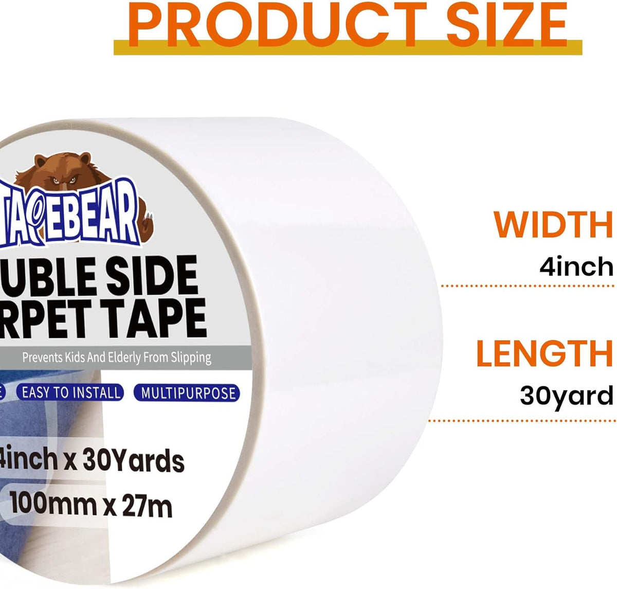 TAPEBEAR Carpet Tape Double Sided 4Inch x 30Yards, Heavy Duty Rug Gripper Anti Slip Anti Curling Floor Tape Residue-Free, Two Sided, Removable, Waterproof for Area Rugs, Mats, Strong Hold for Tile