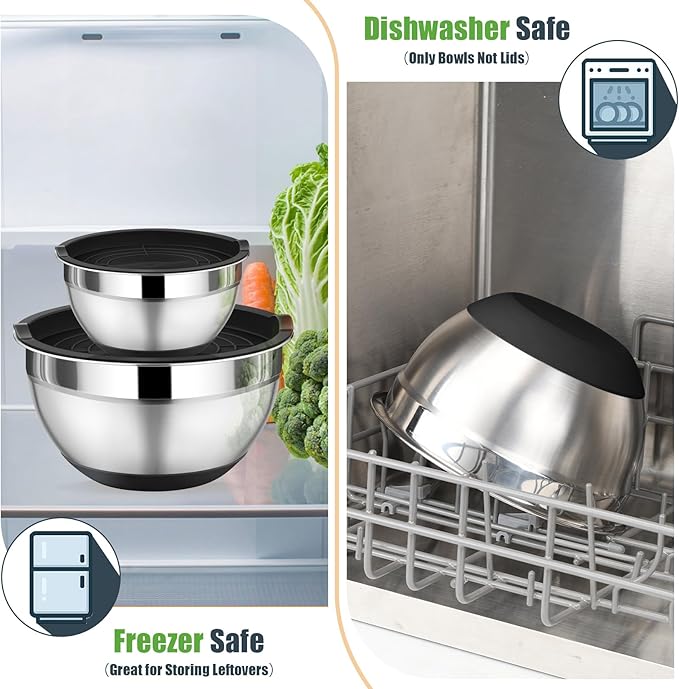 P&P CHEF Mixing Bowl with Lid Set, 5 Piece Stainless Steel Mixing Nesting Bowls for Salad Storage, 3 Grater Attachments & Non-Slip Bottoms, Size 1/1.5/2 / 2.6/4.6 QT, Black