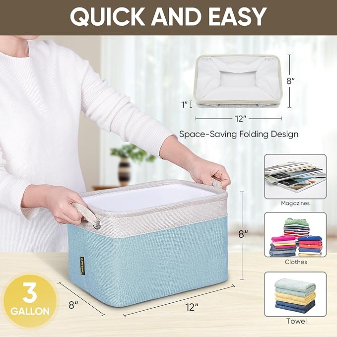 BALEINE 2 Pack Fabric Storage Bins for Shelves, Linen Storage Baskets for Organizing, Decorative Closet Bins for Clothes, Home (Skyblue, 12"x8"x8")