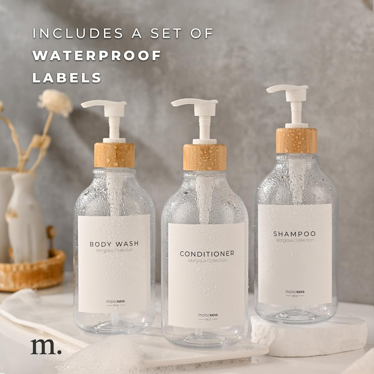 MaisoNovo Refillable Shampoo and Conditioner Bottles | 16.9 fl oz Set of 3 Clear Plastic Bottles White Bamboo Pumps
