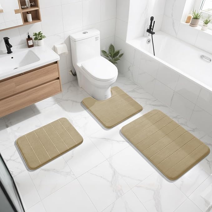 Yimobra Memory Foam Bath Mat, Super Soft Absorbent Bathroom Rug Non Slip, Quick Dry, Machine Washable Floor Carpet for Tub Shower, Home Decor Accessories, 24x17, Pale Khaki