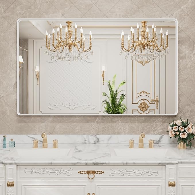 LOAAO 55x30 Inch White Metal Framed Bathroom Mirror for Wall, White Bathroom Vanity Mirror Farmhouse, Large Rounded Rectangle Mirror, Anti-Rust, Tempered Glass, Hangs Horizontally or Vertically