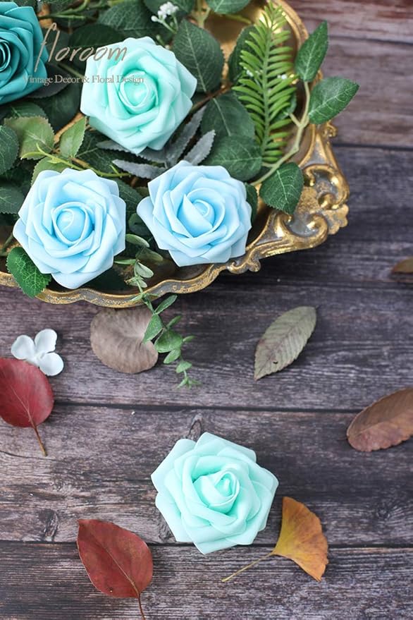 Floroom Artificial Flowers 25pcs Real Looking Aqua Blue Foam Fake Roses with Stems for DIY Wedding Bouquets Baby Shower Centerpieces Floral Arrangements Party Tables Home Decorations